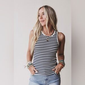 Three Bird Nest Wildflow Navy and White Striped Tank Top